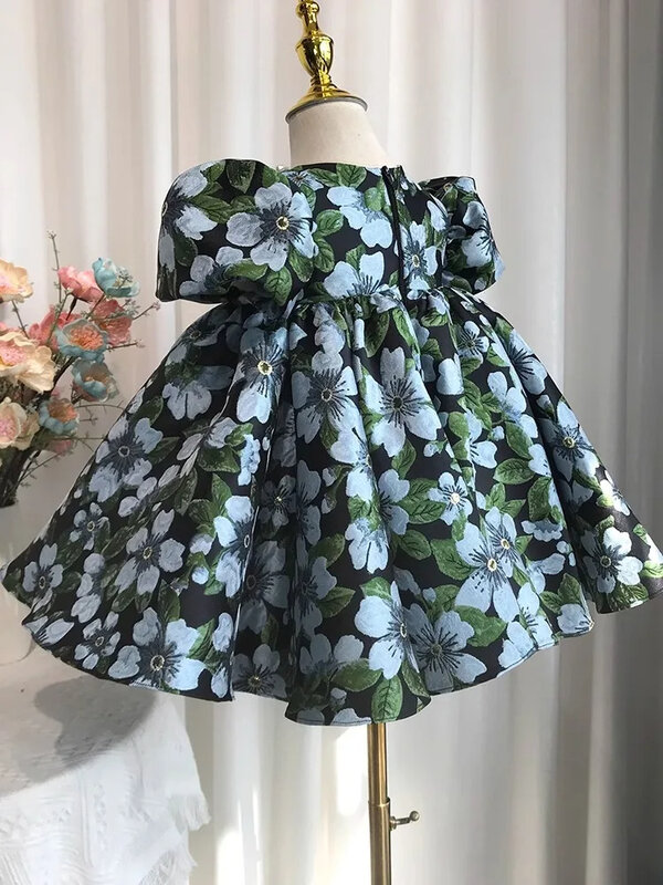 Luxury Printed girl's party Bow Bubble Sleeves Princess Dress Satin Fluffy Dress Pearl Carnival Dress Birthday Performance 1-6