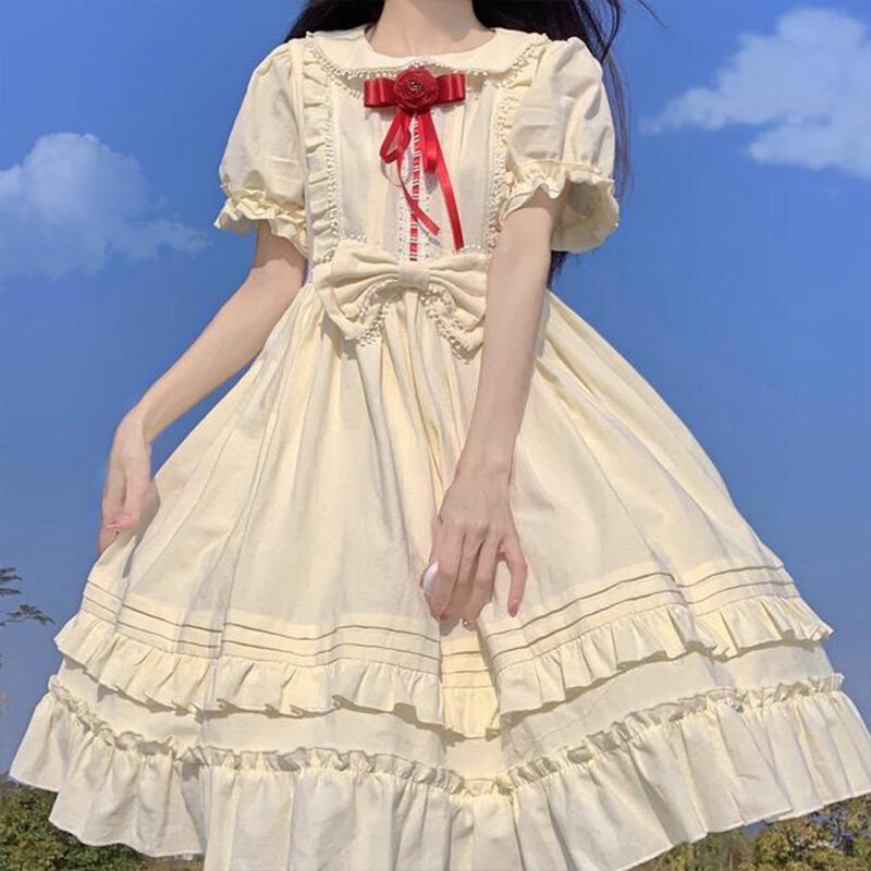 Słodka Lolita sukienka z krótkim rękawem kobiety z marszczonymi elegancka z bufkami rękawami kokardka letnia sukienki w stylu lolity dziewczyny Kawaii księżniczki na imprezę