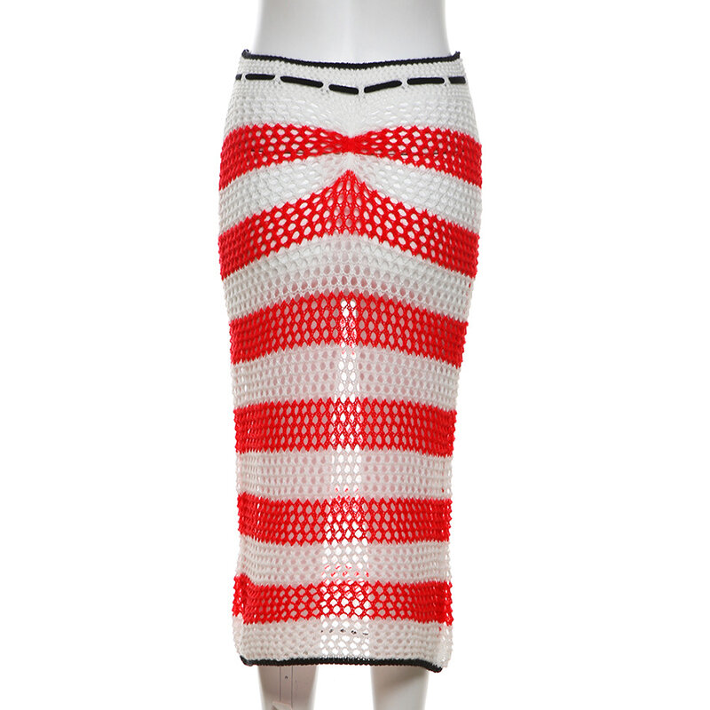 Striped Color Patchwork Knitted Beach Midi Skirts Women Summer Drawstring Lace Up Hollow Out Holiday Cover Ups Party Clubwear