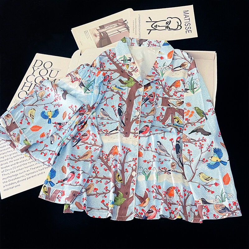 Pijamas de seda de hielo para mujer, conjunto de 2 piezas con estampado de lujo ligero, suave y residencial, otoño y primavera, novedad de 2023