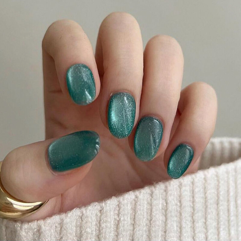 Fashion Blue-Green Cat Eye Wearable Nail Art Solid Color Fake Nails Detachable Finished False Nails Press on Nails with Glue