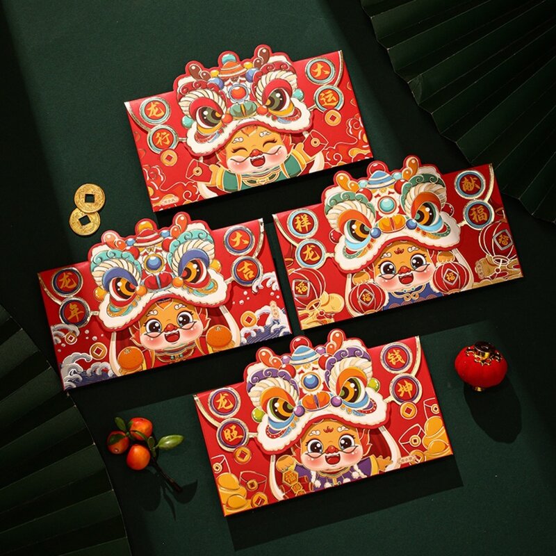 Enveloppe de poche rouge pliable pour l'année du dragon, sac d'argent, dorure, CNY Angpao Luck, nouvel an 2024, 4 cartes, 6 cartes