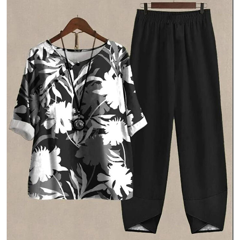 Leaf Printing Women O Neck Short Sleeve Suit Elegant High Waist Pants Fashion Top&Pants Set Casual Outfits Two Piece Sets Summer