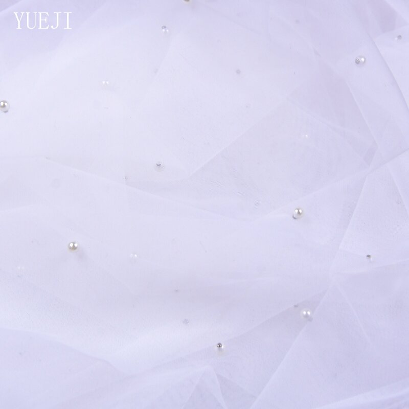 YUEJI velo de novia con encaje de perlas, accesorio de novia de doble capa, colorete, catedral, blanco, con peine personalizable, YJ114