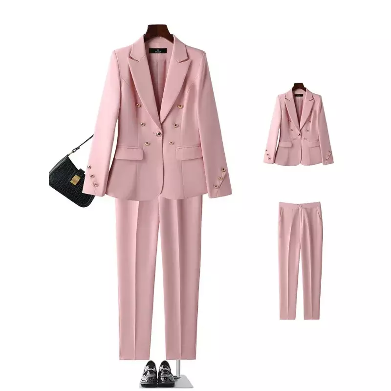 Fashion Women White Pink Black Pant Suit Female Button Decoration Blazer and Trouser 2 Piece Set For Office Ladies Work Wear