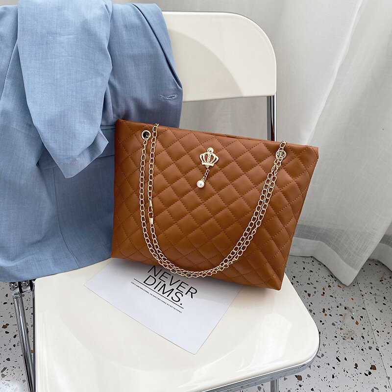 Bolsa de couro grande para mulher, bolsa de ombro única, bolsa de compras, estilo coreano, coroa cruzada, elegante