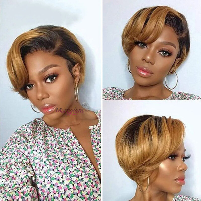 Pixie Cut Wig Human Hair Ombre Blonde Cheap Short Bob Straight Wig For Black Women Transparent Lace Frontal Brazilian Remy 180%