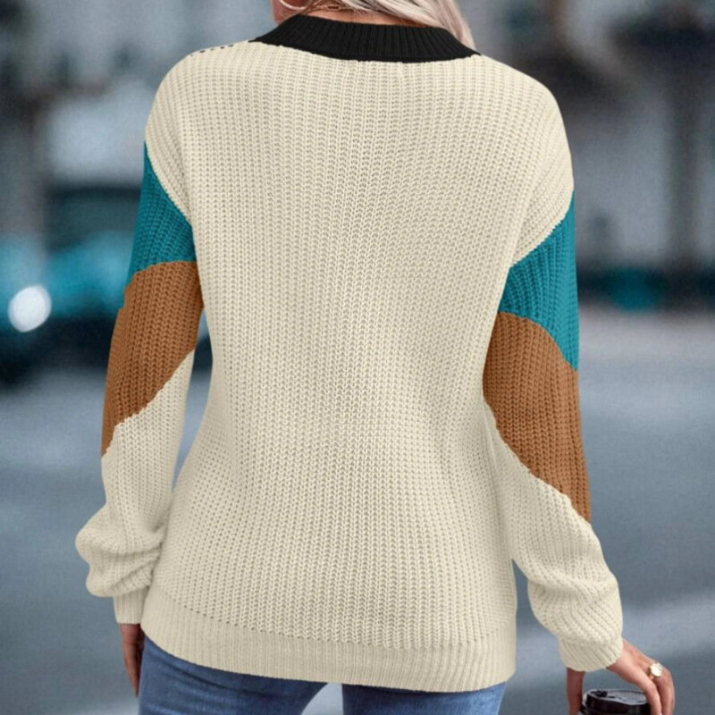 Temperamen kasual warna kontras Sweater Polo kerah musim semi dan musim gugur 2023 baru garis longgar santai kemeja wanita