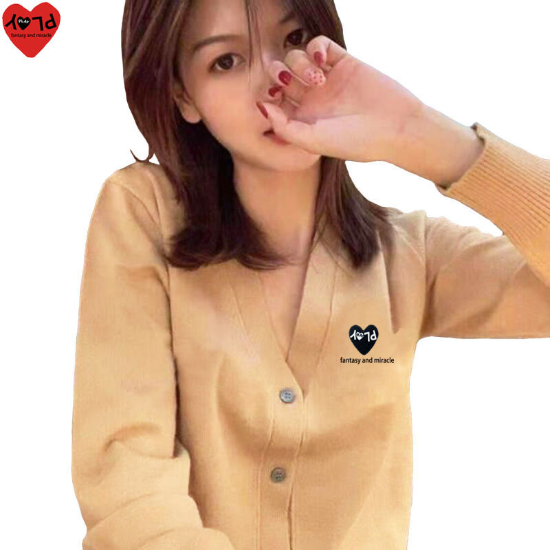 Frauen Frühling Herbst V-Ausschnitt Pullover Strickjacke Herz Stickerei mit halben Herz Buchstaben Druck einreihige Langarm Strickjacke
