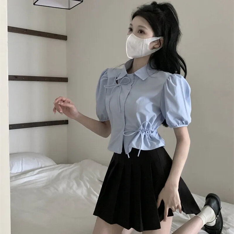Gidyq Puff Sleeve Blue Shirt Women Korean Fashion Elegant Bow Short Top Female Summer Chic Hollow Solid All Match Ladies Blouse