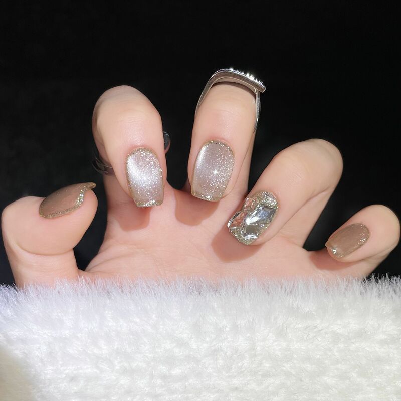 Champagne Color Handmade Nails Press on Full Cover Manicuree Diomonds False Nails Wearable Artificial With Tool Kit