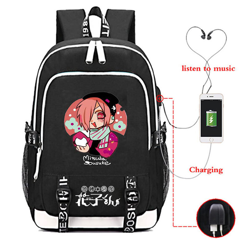 Sanita-Bound Hanako-kun Mochila com Porta de Carregamento USB, Anime Cosplay Bookbag, Bolsa para Laptop, Yashiro Nene