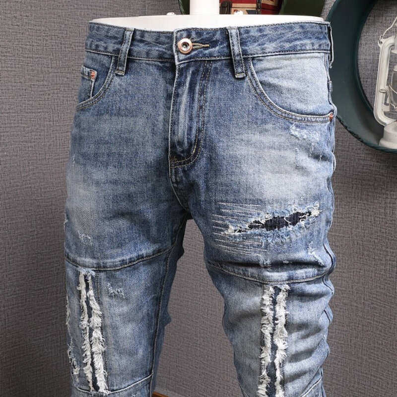 Streetwear moda masculina jeans retro azul elástico fino ajuste rasgado biker jeans homme emendado designer remendo hip hop denim calças