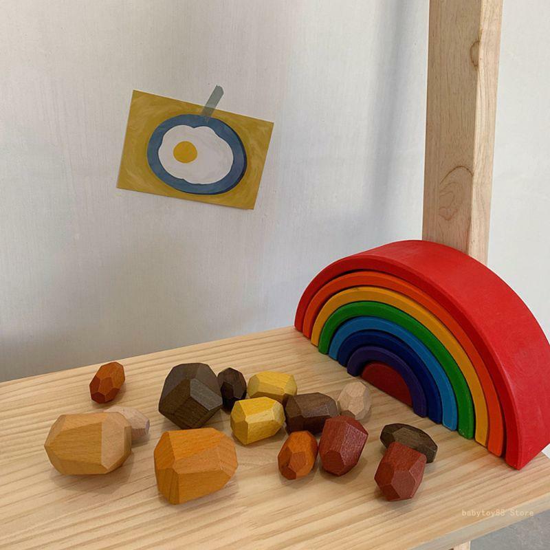 Y4UD 15 قطعة من لعبة التراص الحجرية الخشبية الملونة للأطفال، مكعبات بناء للأطفال للألعاب التعليمية الإبداعية