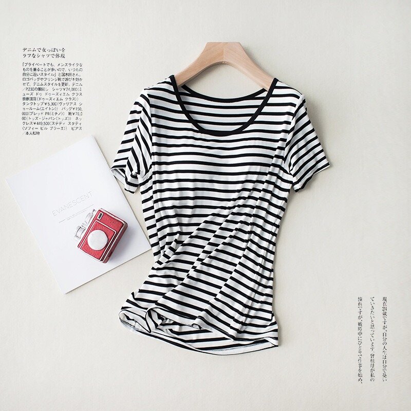 Sexy Modal Women Short Sleeve Top With Chest Pad 2024 New Fashion Striped Tank Tops Bra One Piece Blouse Short Shirt Loungewear