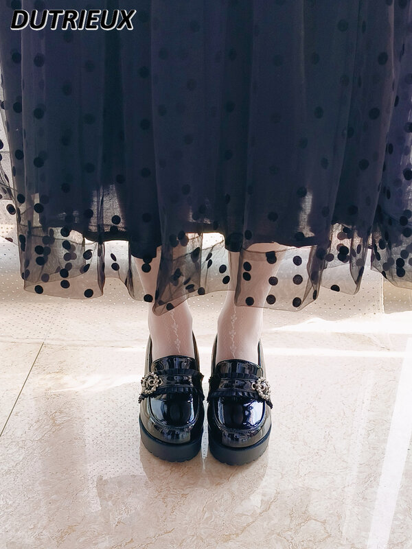 Zapatos de charol con encaje de diamantes de imitación para mujer, zapatos de plataforma de fondo grueso, impermeables, tacones altos, Lolita, mina dulce japonesa