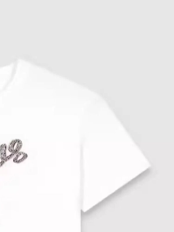 T-shirt branca com letra de diamante feminina, gola redonda, manga curta, top casual, verão, 2024