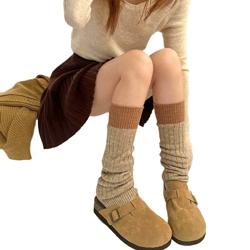 Calcetines apilados de terciopelo de oveja de punto para mujer, cubiertas de pierna de retazos contrastantes, calcetines de tubo medio cálidos, Color sólido