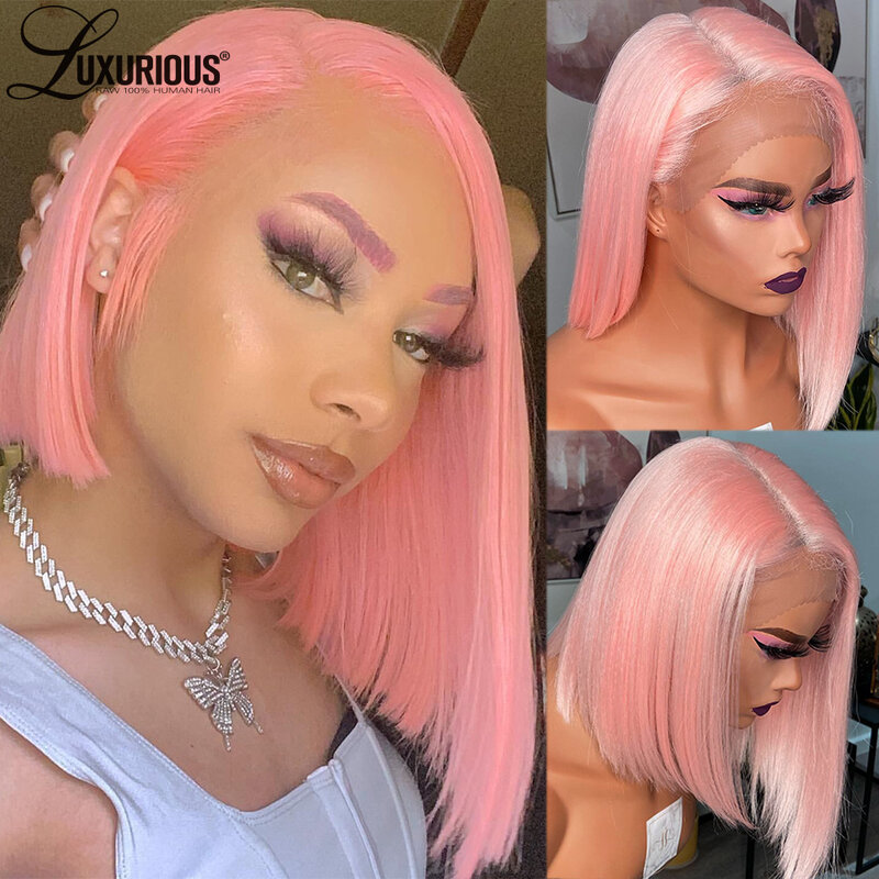 Wig Bob lurus merah muda pendek 13 × 4 Wig rambut manusia Remy Virgin Brasil untuk wanita Wig Frontal renda transparan Hd telah ditanami