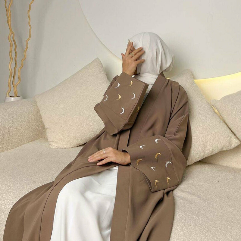 Женское мусульманское платье Дубай Eid Al-Adha Abayas с вышивкой Луны, турецкий кафтан, Арабская искусственная кожа, кимоно, кардиган Djellaba