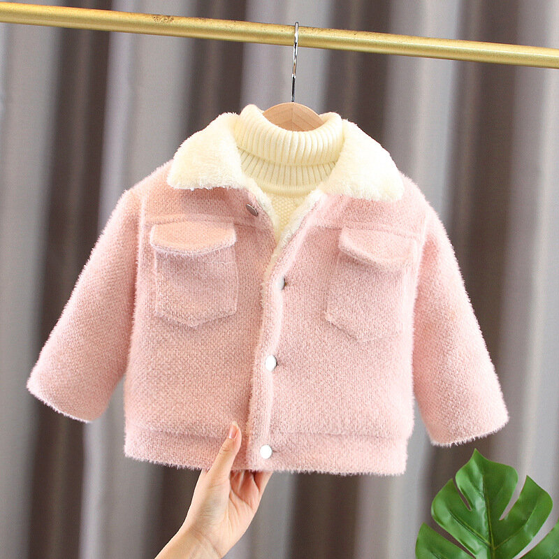 2023 Winter New Girl's Solid Color Overcoat Cute Plush Thickened Cotton Cardigan Single Breasted Long Sleevewarm Lapel Outwear