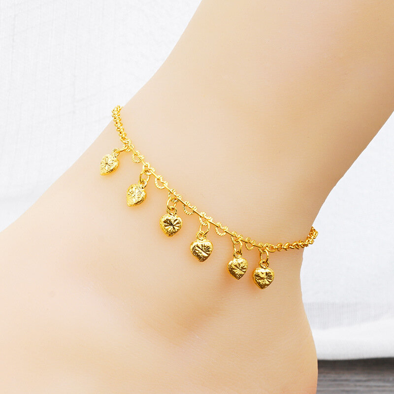 UMQ Free Shipping Imitation 18K Real Gold 100% 999 Anklet 26cm Heart Pendant Gift for Women's And Girl's Sweet Cut Style Jewelry
