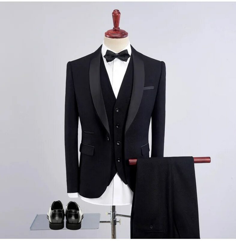 Terno casual de negócios masculino fino, vestido de noivo espesso, vestido formal de banquete, gola preta, LH119