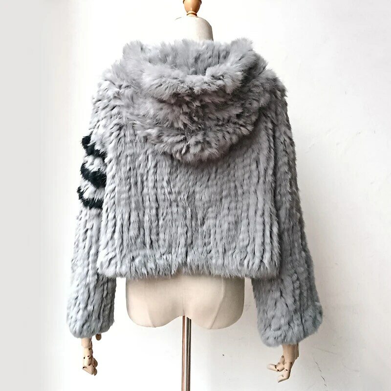 本物のウサギの毛皮のコート,フード付きのカジュアルな厚手のルーズフィットジャケット,高品質のフード付き,自然なウサギの毛皮のコート