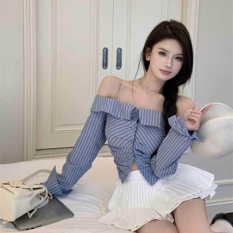 Elegante camicia da donna con spalle scoperte Retro blu coreano Hot Girl anni '90 camicetta a righe catena Sexy sospesa Top manica lunga Chic da donna