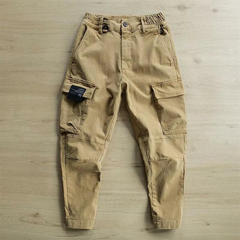 Casual Cargo Pants Breathable Training Slacks Slim Fit Solid Color Multi Pockets Men Fitness Pants  Button Fly