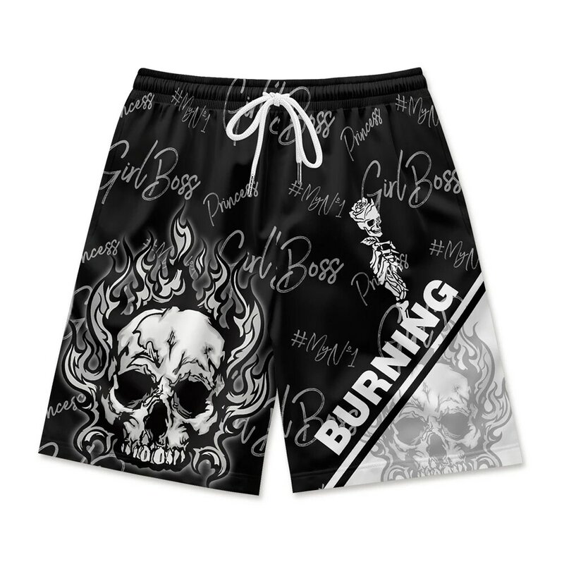 Men's casual shorts with skull print, comfortable beach pocket, waist rope for breathability and quick drying in summer