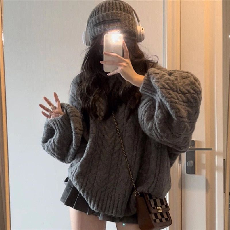 2022 stile Casual semplice Pullover nuovo Retro tinta unita maglione oversize moda grigio allentato con scollo a v maglione donna coreano