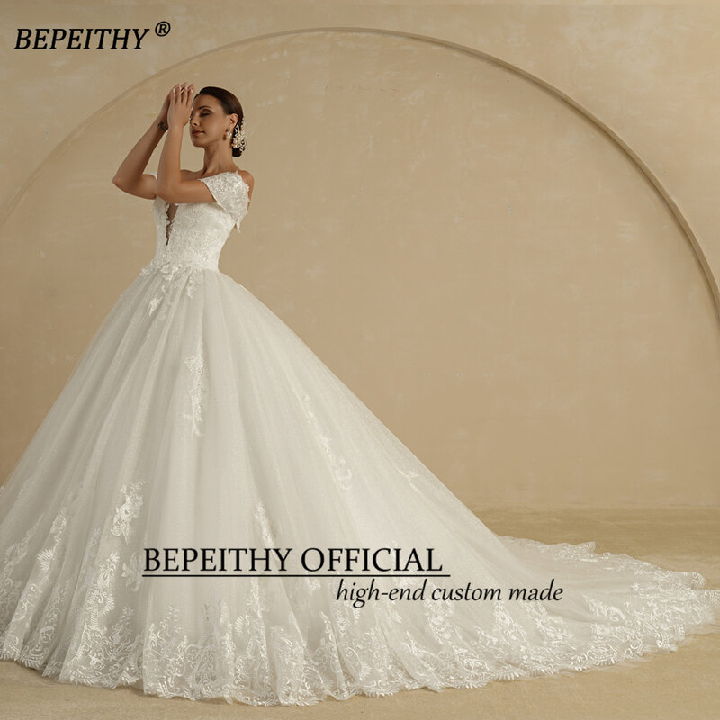 BEPEITHY Sexy Deep V Neck Ball Gown Wedding Dresses 2022 Bride Sleeveless Court Train Glitter Ivory Bridal Gowns For Women Hot