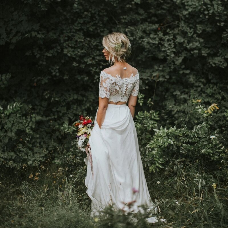 Dwuczęściowa koronkowa suknia ślubna Separete artystyczna pół rękawów z okrągłym dekoltem na plażę, szyfonowa suknia ślubna Vestido De Novia