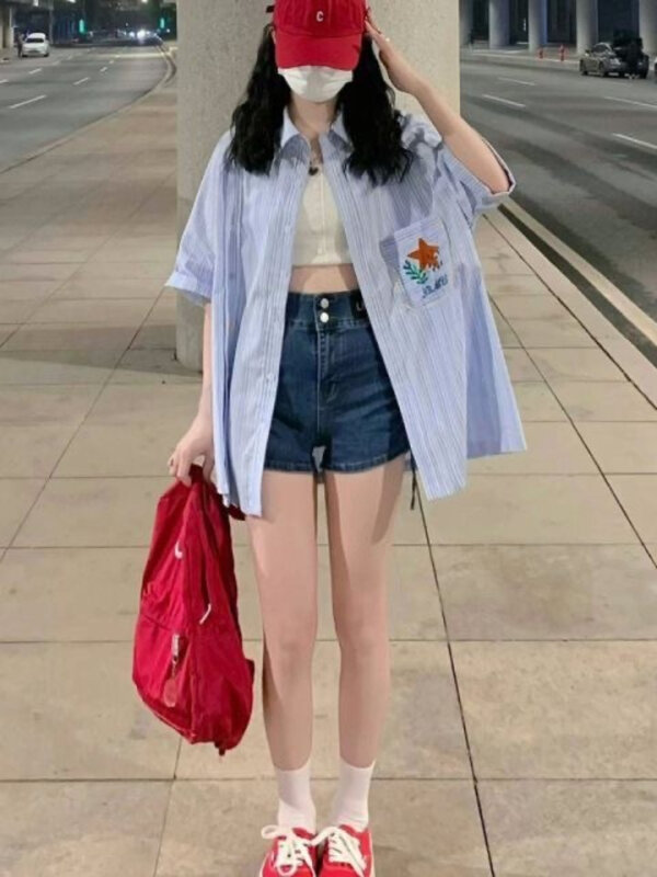 Frauen Hemd Knopf Kurzarm locker atmungsaktiv trend igen Sommer gemütlich dünn Freizeit koreanischen Stil All-Match Streetwear bequem