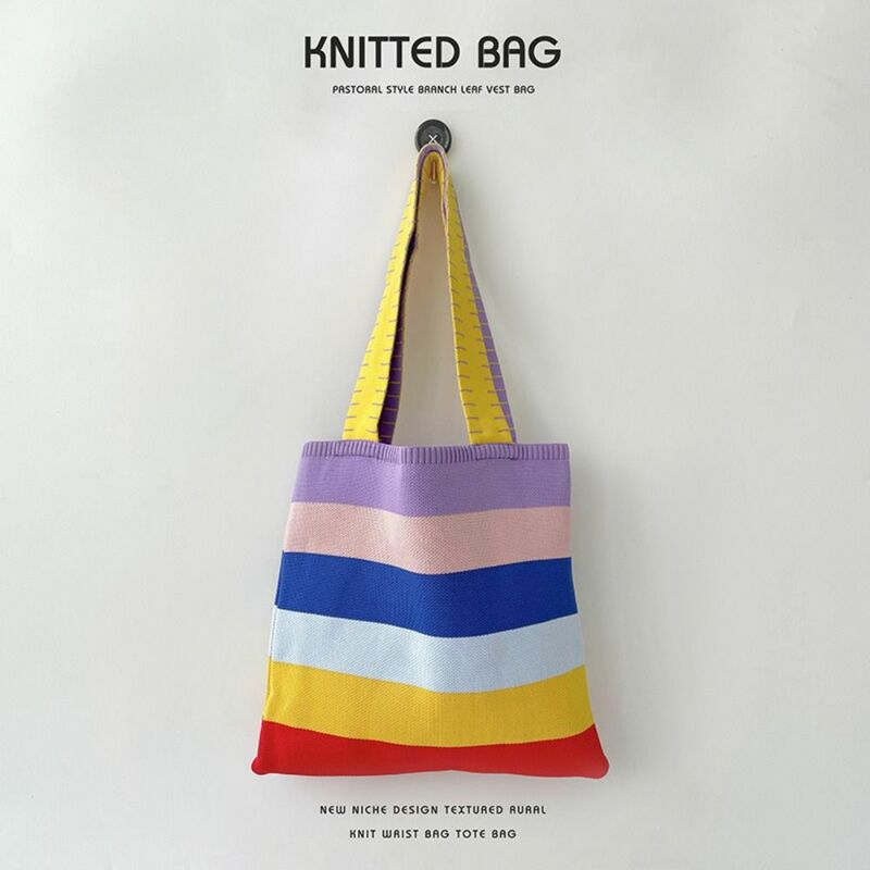 Rainbow Striped Handbag New Contrast Color Korean Style Eco Friendly Shopper Tote Handwoven Knit Shoulder Bag