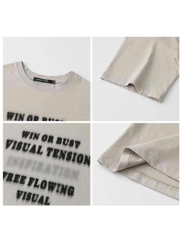CHIC VEN-Camiseta de algodão estampado com letra feminina, top de manga curta, casual, solta, difusa, feminina, verão, 2024