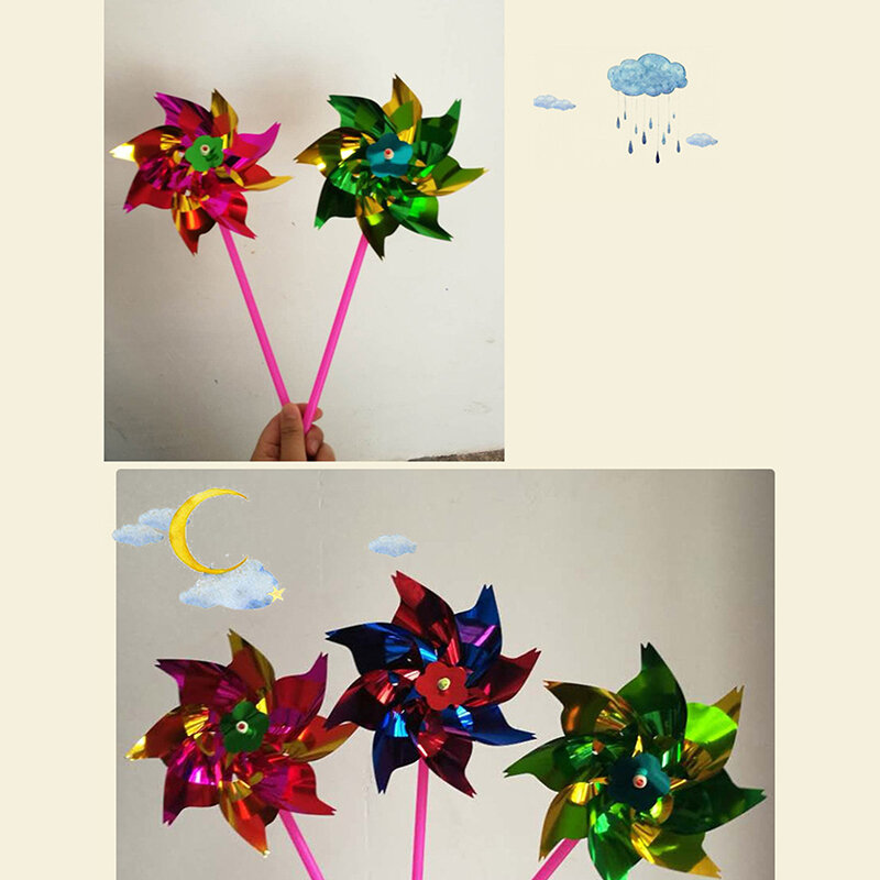 Moinho de vento pequeno colorido para crianças, flocos plásticos, decoração quadrada, tendas de jardim de infância DIY