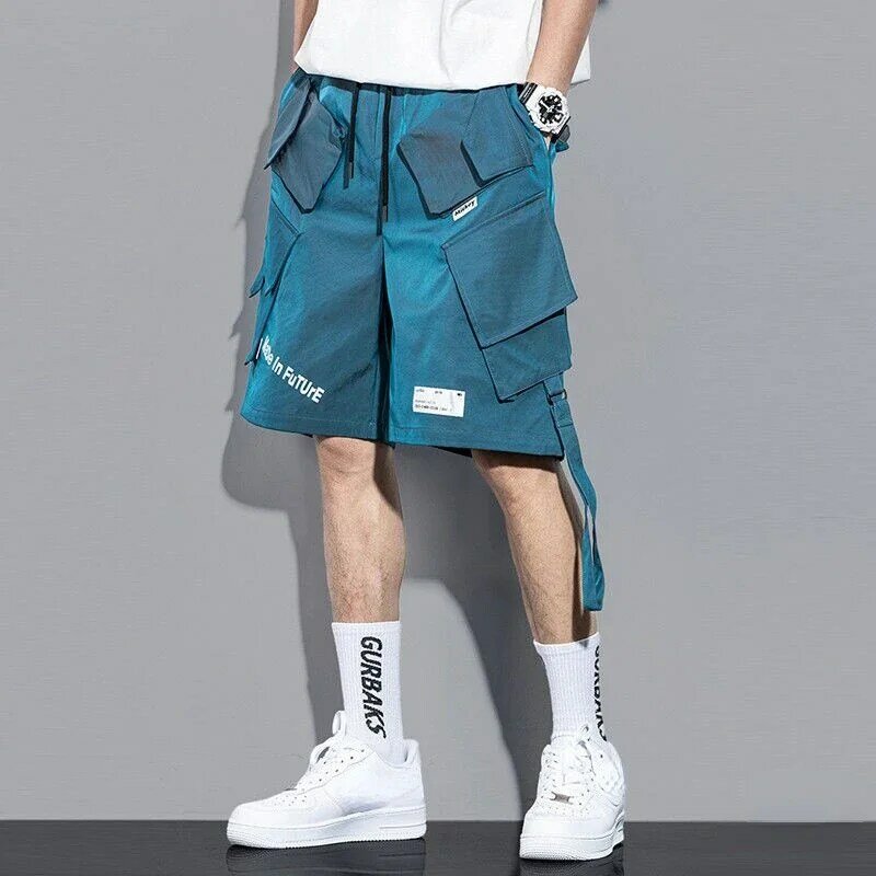 Calção de carga masculino com bolsos, bermuda curta, streetwear com cordas, estilista azul, whate pesado, moda, 2024