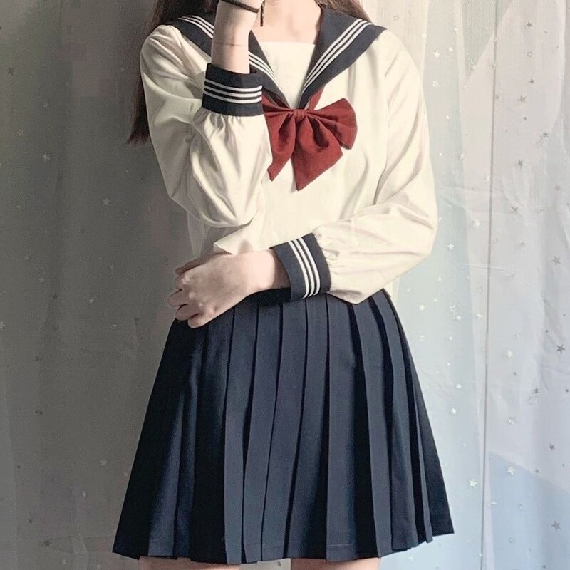 Uniforme scolastica giapponese ragazza Jk vestito Sexy primavera e autunno cravatta rossa bianco tre Basic marinaio uniforme donna manica lunga vestito