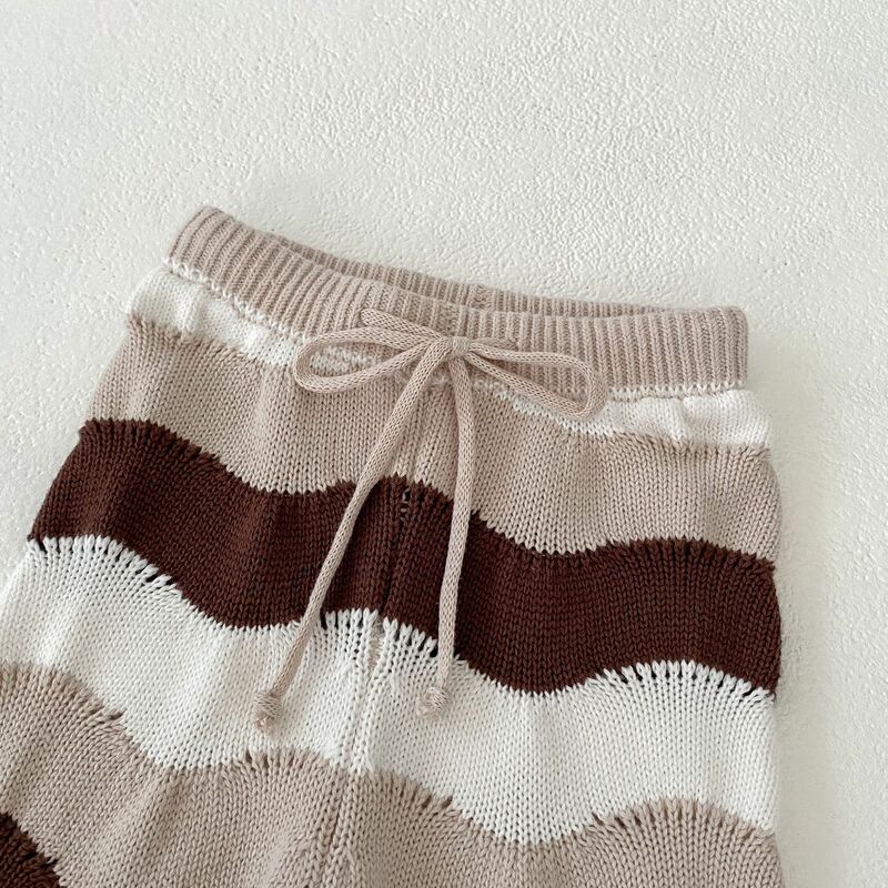 Angoubee-波状のストライプの織りツイストセーター、ベビーガールロングパンツ、子供用コンボセット、555s166