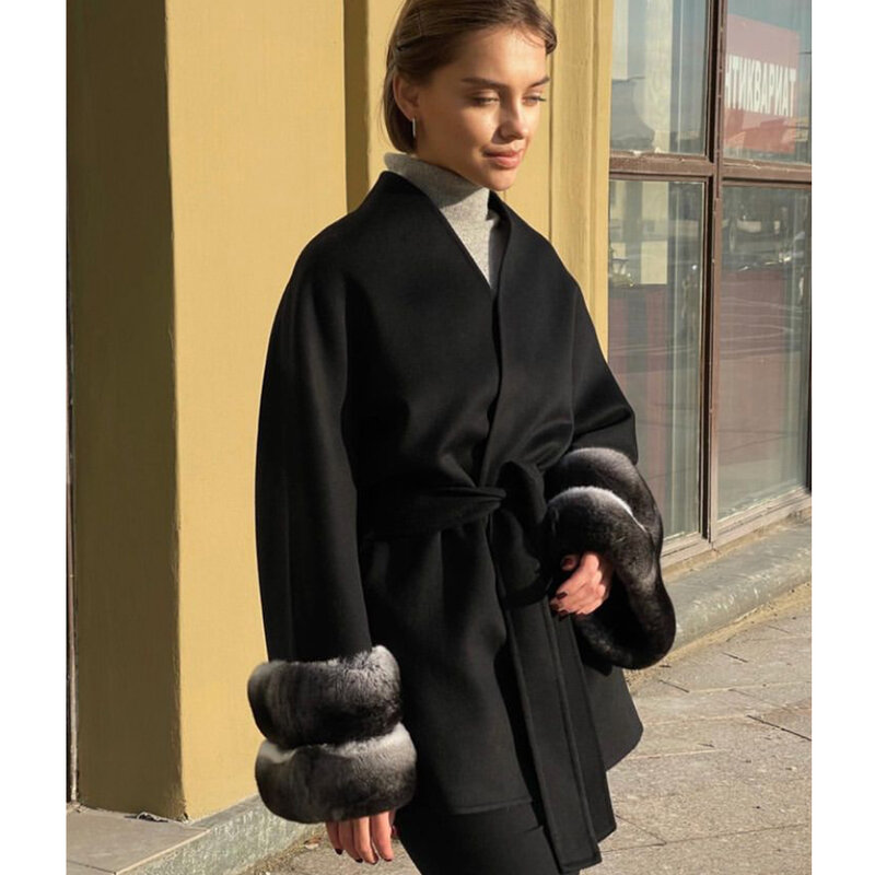 Womens Jackets Cashmere Coat Women Luxury Real Wool Coat With Natural Rex Rabbit Fur Cuffs Mid-Length Clothes