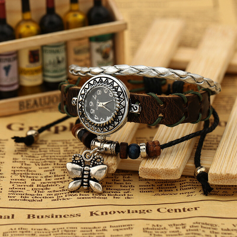 Женские винтажные кварцевые наручные часы с браслетом из натуральной кожи