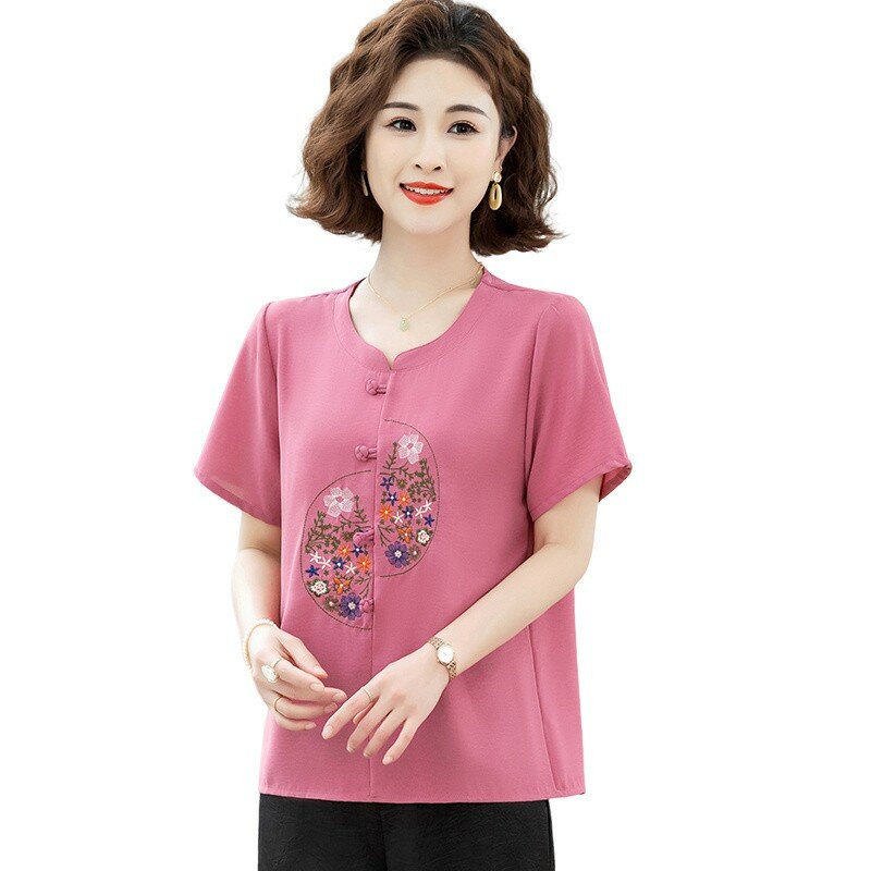 Blusa bordada para mujer, ropa Vintage, Top con cuello redondo, camiseta informal holgada de verano