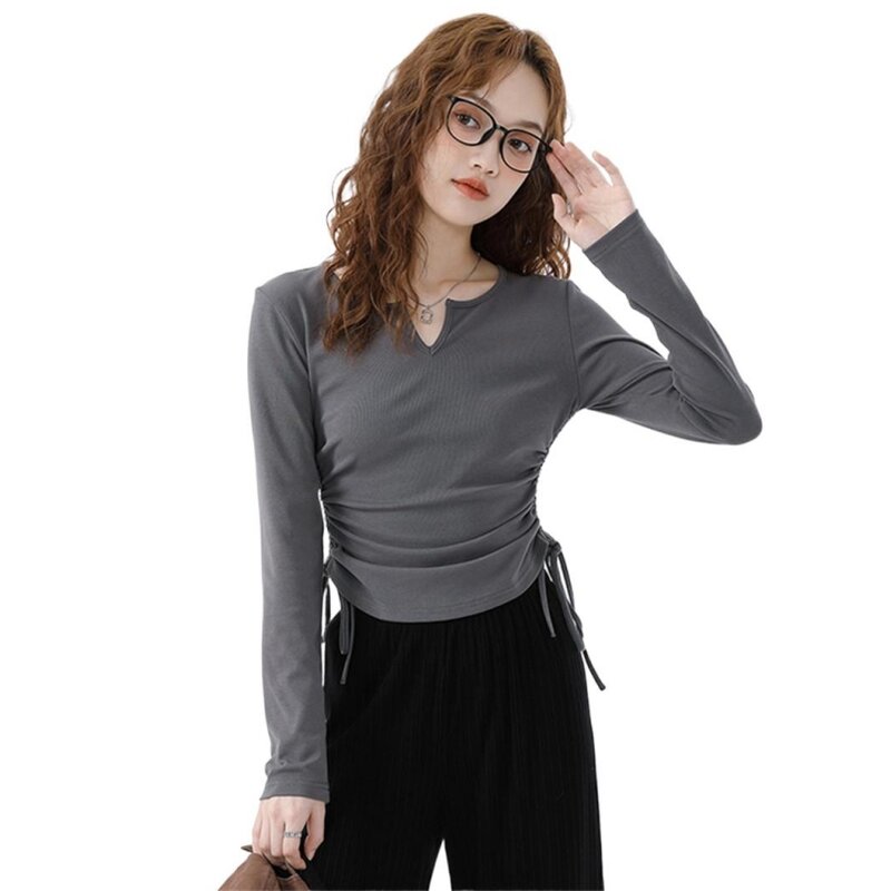 Summer Knitted Cotton Women V-Neck Crop Tops 2 Side Elastic Tie Up Slim Solid Long Sleeve High Street Fashion Soft Shirts