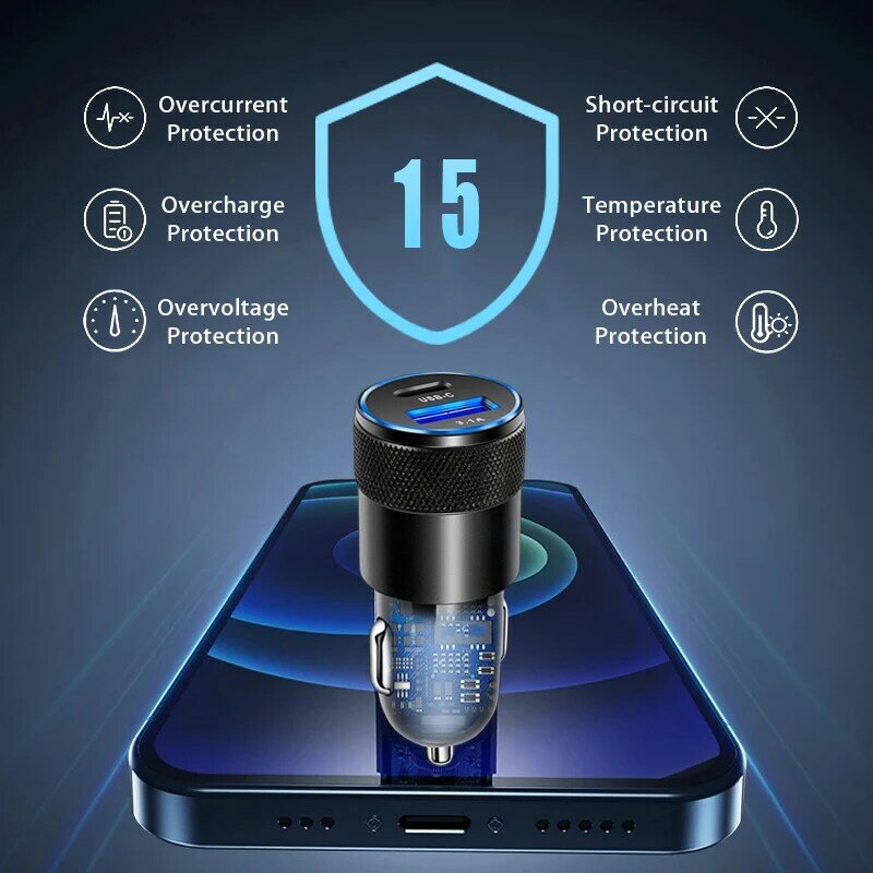 ミニカーチャージャーUSB-C pd 3.1a,iPhone,Xiaomi,Samsung用の充電アダプター,急速充電,シガレットライター,USB充電器