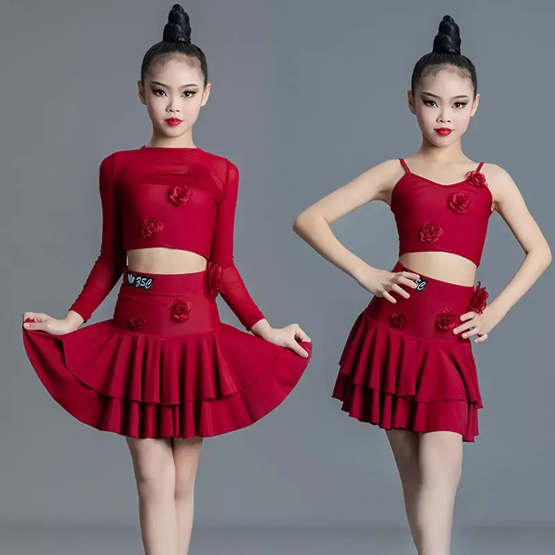 ชุดเต้นลาตินสีแดงสำหรับเด็กผู้หญิง, กางเกงสำหรับใส่เต้นชุดเต้นรำบอลรูมสำหรับใส่แข่งขันเสื้อผ้าเต้นรำละตินสำหรับเด็ก