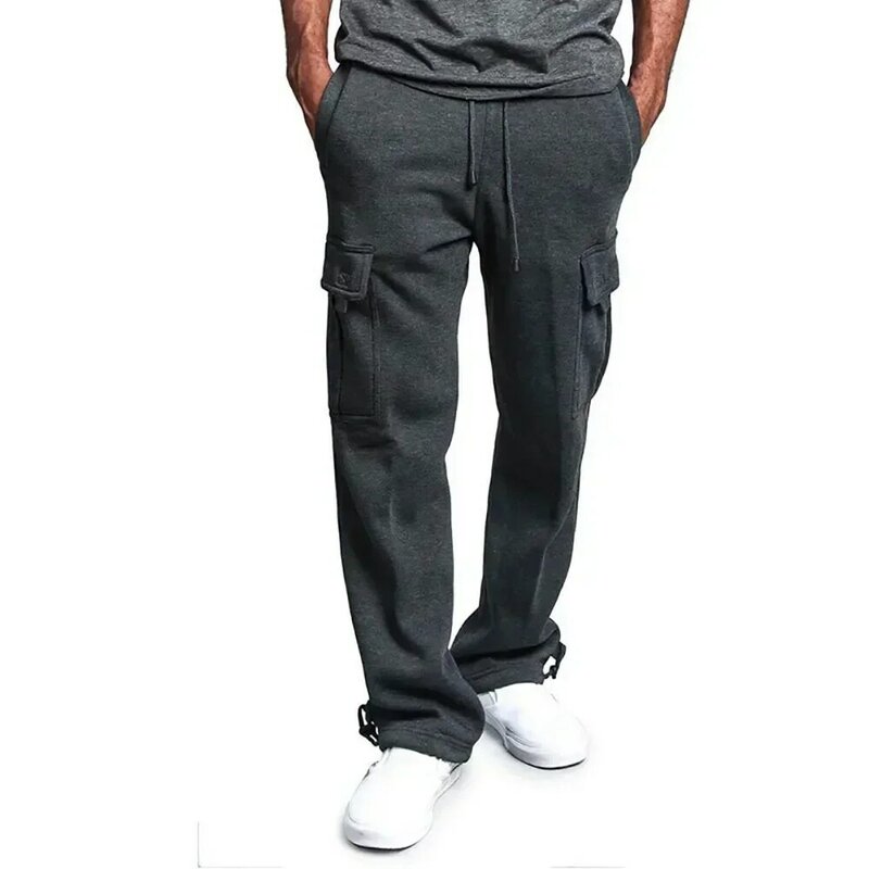 Calças masculinas monocromáticas de lã carga, sweatpant multi bolso, streetwear de hip hop, bonito calças retas soltas, calças esportivas