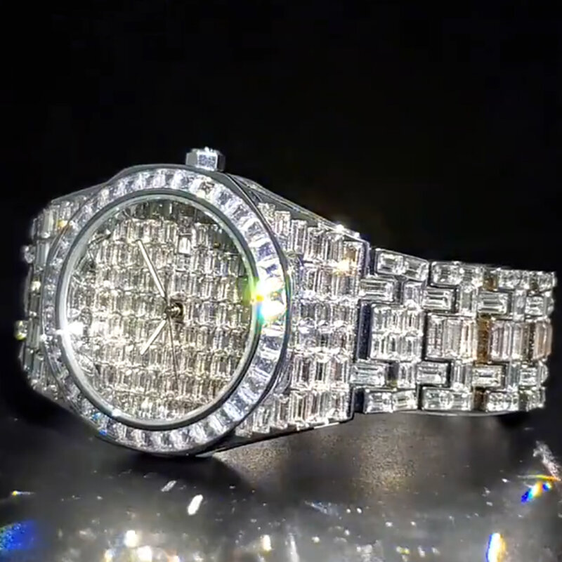 18k ouro dos homens relógios hip hop 8 polegada cubana corrente pulseira definir baguette diamante relógio masculino iced para fora à prova dwaterproof água relogio masculino