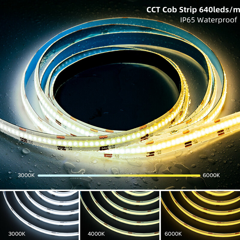 Tira de LED COB CCT resistente al agua IP65, 5M, 640 Led/m, cinta LED FOB regulable de alta densidad, 3000K a 6500K, iluminación cambiable DC12V 24V